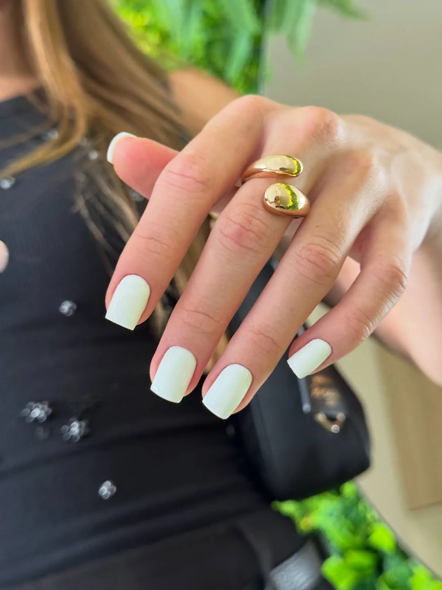 Milky nails with gold rings